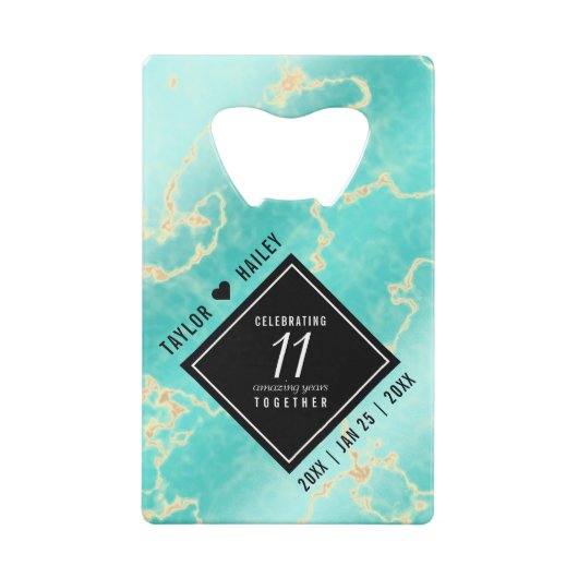 Elegant 11e Turquoise Wedding Jubileum Kredietkaart Flessenopener (Achterkant)