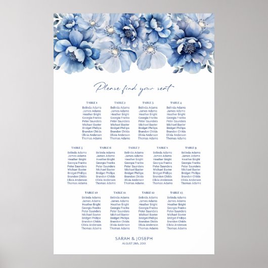 Elegant 13 Tafel Blauw Bloemen Trouwstoel Grafiek Poster (Voorkant)