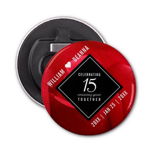 Elegant 15th Roos Wedding Jubileum Celebration Button Flesopener (Voorkant)