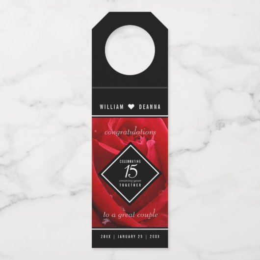 Elegant 15th Roos Wedding Jubileum Celebration Flessenhanger (Voorkant)