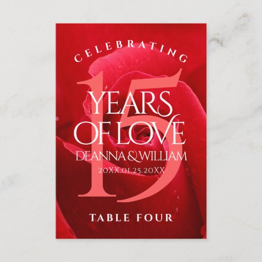 Elegant 15th Roos Wedding Jubileum Table Kaart (Voorkant)