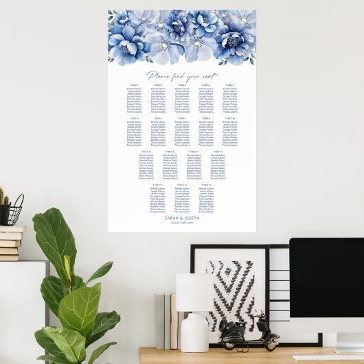 Elegant 17 Tafel Blauw Bloemen Trouwstoel Grafiek Poster (Thuiskantoor)