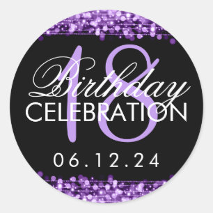 Elegant 18th Birthday Party Sparkles Paars Ronde Sticker