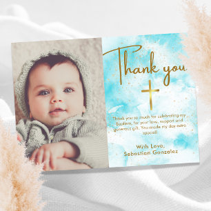 Elegant 1 foto Blauw Waterverf Goud Kruis Doop Bedankkaart