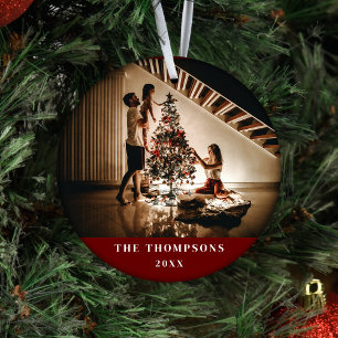 Elegant 2024 Family Photo Minimalist Donkerrood Keramisch Ornament