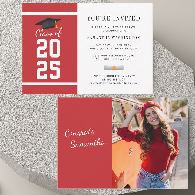 Élégant 2025 Photo Graduation Invitation (Graduation Red and White Photo Invitation)
