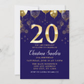 Elegant 20th Birthday Invitation with Gold Ballons (Devant)