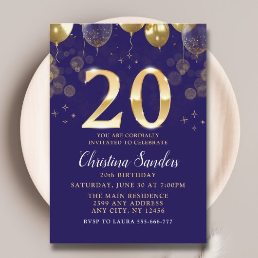 Elegant 20th Birthday Invitation with Gold Ballons