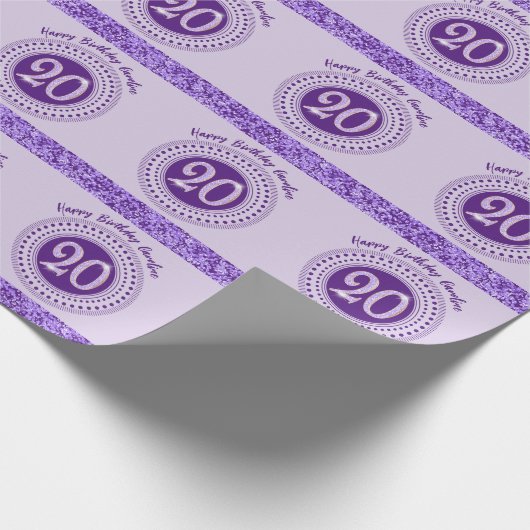 Elegant 20th Birthday Purple Glitter with Stripes Cadeaupapier (Hoek)