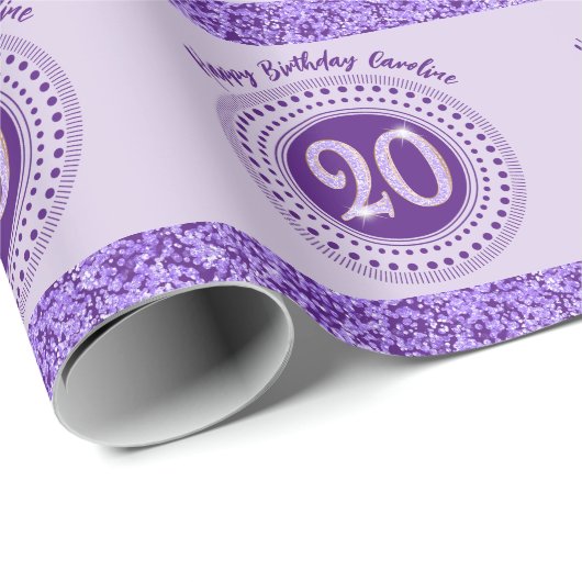Elegant 20th Birthday Purple Glitter with Stripes Cadeaupapier (Rol Hoek)