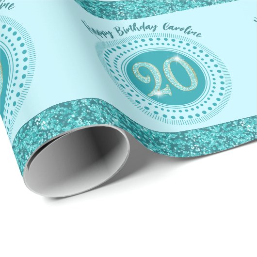 Elegant 20th Birthday Teal Blue Glitter & Stripes Cadeaupapier (Rol Hoek)