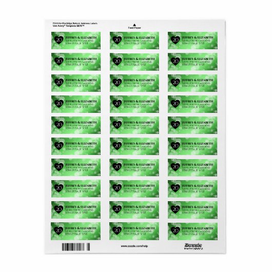 Elegant 20th Emerald Wedding Jubileum Etiket (Full Sheet)