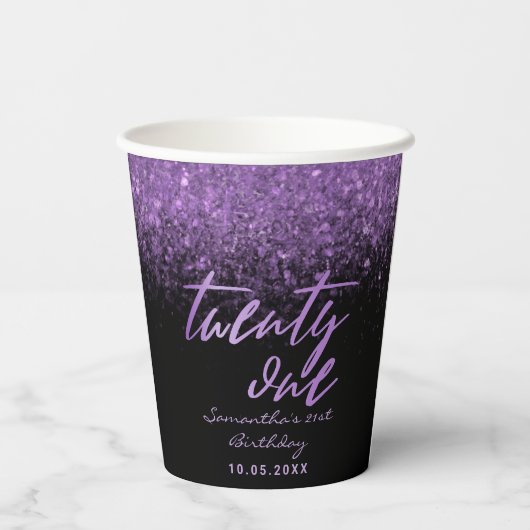 Elegant 21st Birthday Black en Paarse glitter Papieren Bekers (Achterkant)