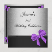 Elegant 21st Birthday Black Silver Paars Bow Kaart (Voorkant / Achterkant)