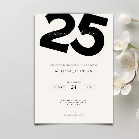 Elegant 25th Birthday Invitation - Minimal Style Kaart