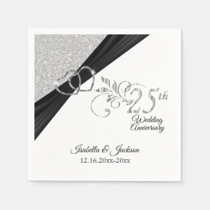 Elegant 25th Silver Glitter Wedding Jubileum Servet