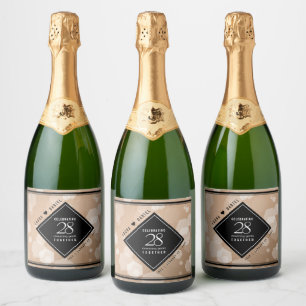 Elegant 28th Linen Wedding Jubileum Celebration Sparkling Wijnetiket