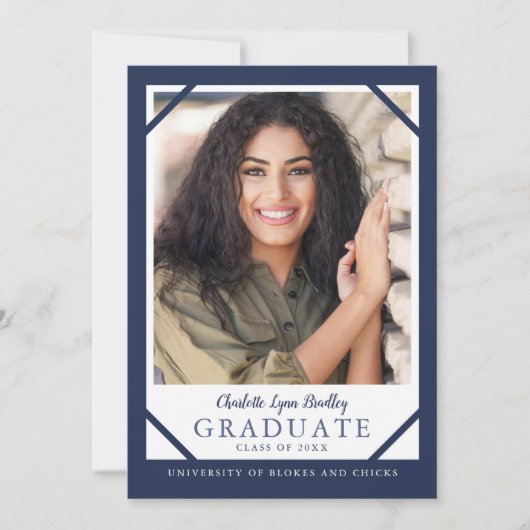 Elegant 2 foto marineblauw Afstuderen aankondiging (Voorkant)