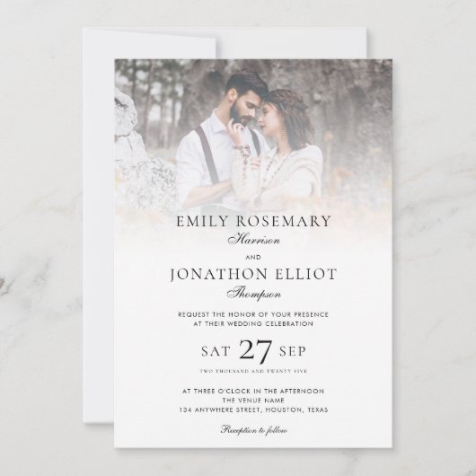 Elegant 2 foto's Overlay QR-code Formele bruiloft Kaart (Voorkant)