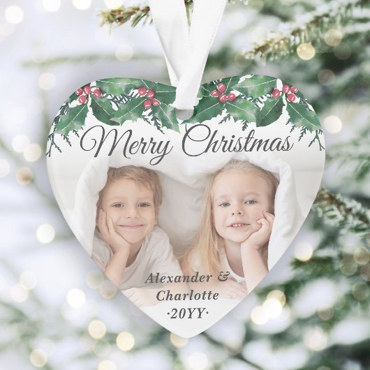 Elegant 2 Photo Holly Greenery Merry Christmas