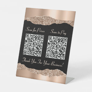 Elegant 2 QR-codes Roos Gold Glitter Black Reclamebord Met Voetstuk