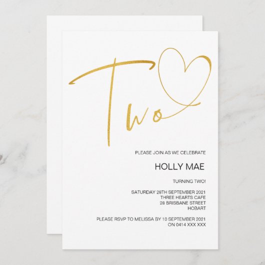 Elegant 2e verjaardag Uitnodiging twee hartgoud (Voorkant / Achterkant)