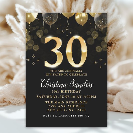 Elegant 30th Birthday Invitation with Gold Ballons