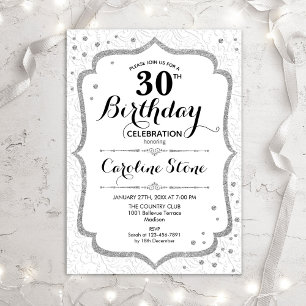 Elegant 30th Birthday - Silver White Invitation Kaart
