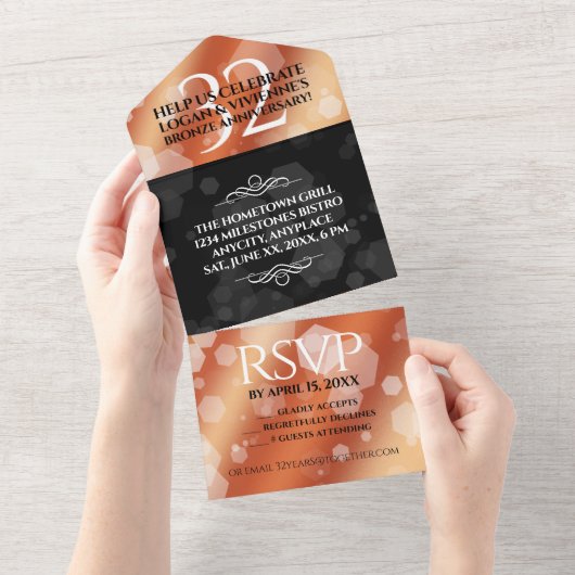 Elegant 32e Bronzen Huwelijksjubileum All In One Uitnodiging (Afscheurbaar)