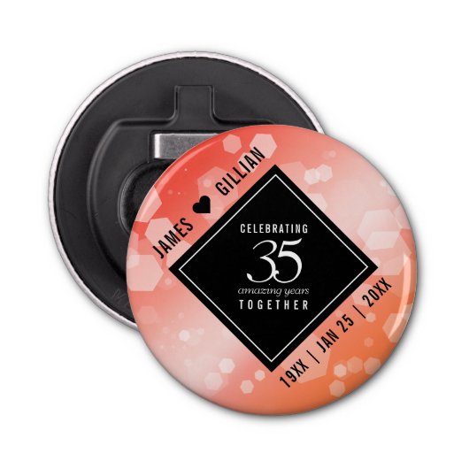 Elegant 35th Coral Wedding Jubileum Celebration Button Flesopener (Voorkant)