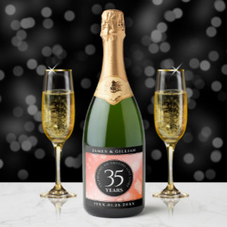 Elegant 35th Coral Wedding Jubileum Celebration Sparkling Wijnetiket