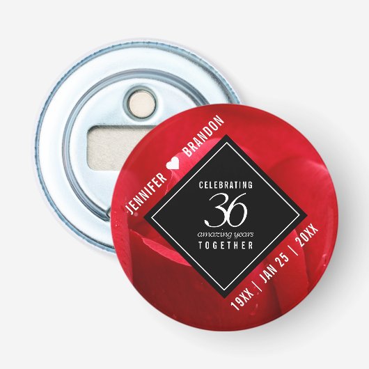 Elegant 36th Roos Wedding Jubileum Celebration Button Flesopener (Voorkant)