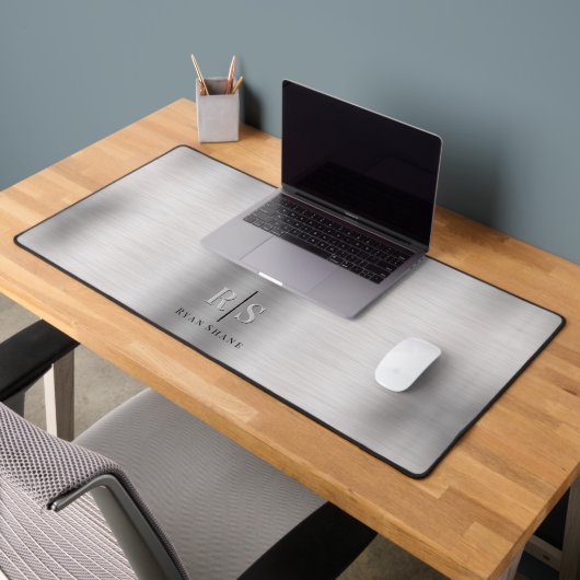 Elegant 3-D Monogram & Zwarte Naam, Geborsteld Zil Bureaumat (Kantoor 2)