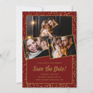 Elegant 3 Foto Burgundy Red Gold Save The Date
