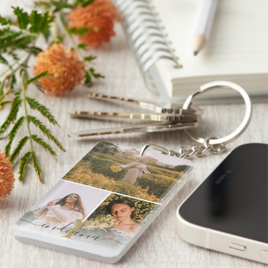 Elegant 3 foto Monogram Custom Afstuderen Keepsake Sleutelhanger (Voorkant Rechts)