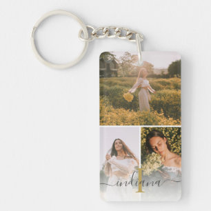 Elegant 3 foto Monogram Custom Afstuderen Keepsake Sleutelhanger