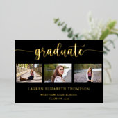 Elegant 3 Photo Afstuderen Black Gold Folie Uitnodiging (Staand Voorkant)