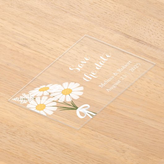 Elegant 3 Witte Daisy Bloemen Bewaar de Datum Acryl Uitnodigingen (Laagn)