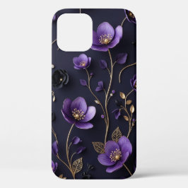 Elegant 3D Paars & Goud Bloemmotief iPhone 12 Hoesje
