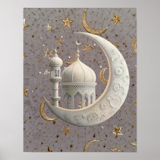 Elegant 3D Witte Halve Maan & Moskee Ramadan Desig Poster