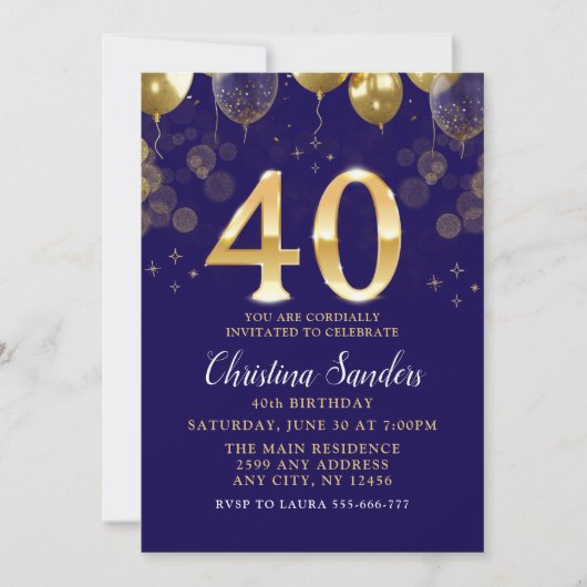 Elegant 40th Birthday Invitation with Gold Ballons Kaart (Voorkant)