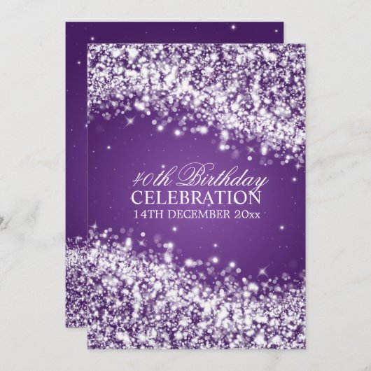 Elegant 40th Birthday Party Sparging Wave Paars Kaart (Voorkant / Achterkant)