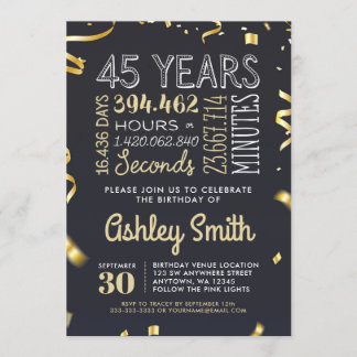 Elegant 45th Birthday Invitation Gold Glitter Kaart