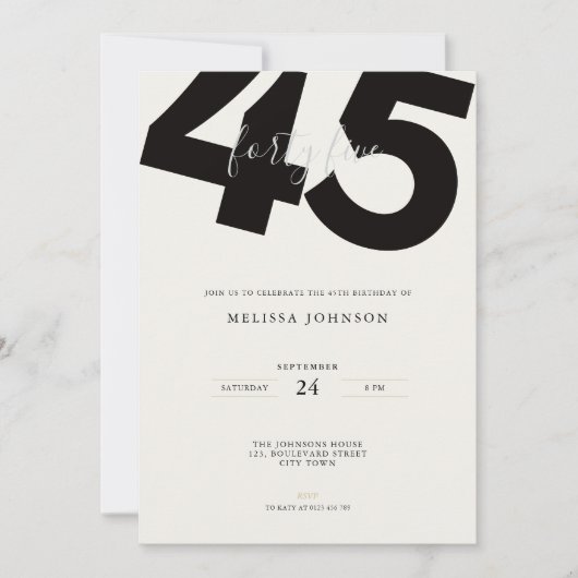 Elegant 45th Birthday Invitation - Minimal Style (Devant)