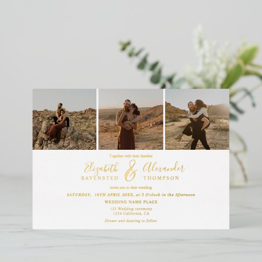 Elegant 4 Foto's modern script bruiloft zwart wit Folie Uitnodiging (Staand Voorkant)