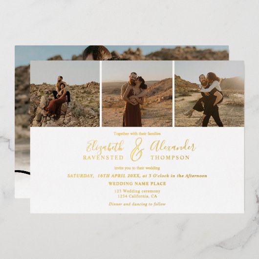 Elegant 4 Foto's modern script bruiloft zwart wit Folie Uitnodiging (Voorkant / Achterkant)