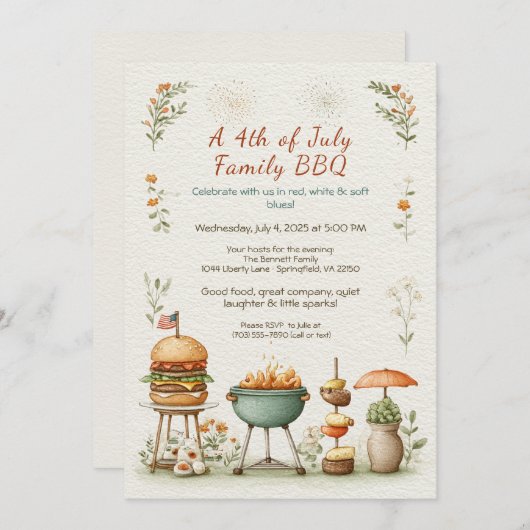 Elegant 4th of July BBQ Invitation – Soft Line Art (Devant / Derrière)
