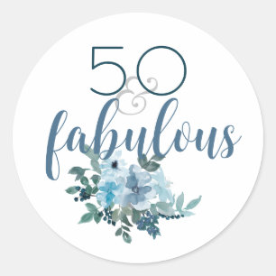 Elegant 50 en Fabulous Blue Floral Waterverf Ronde Sticker
