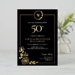 Elegant 50e bruiloft Jubileum Zwart Goud Folie Uitnodiging