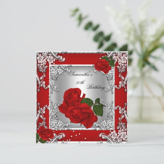 Elegant 50e verjaardag Red Rose Silver Kaart (Staand voorkant)